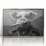 Framed wall art featuring a whimsical pig design in vibrant colors, displayed in a sleek silver frame, perfect for animal lovers and modern decor enthusiasts.