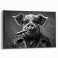 Framed wall art featuring a whimsical pig design in a vibrant color palette, showcased in a black frame with a side view that highlights its artistic details, ideal for animal lovers and home décor enthusiasts.