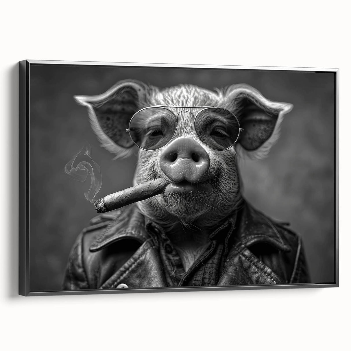 Framed wall art featuring a whimsical pig design in a vibrant color palette, showcased in a black frame with a side view that highlights its artistic details, ideal for animal lovers and home décor enthusiasts.