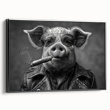Framed wall art featuring a whimsical pig design in a vibrant color palette, showcased in a black frame with a side view that highlights its artistic details, ideal for animal lovers and home décor enthusiasts.