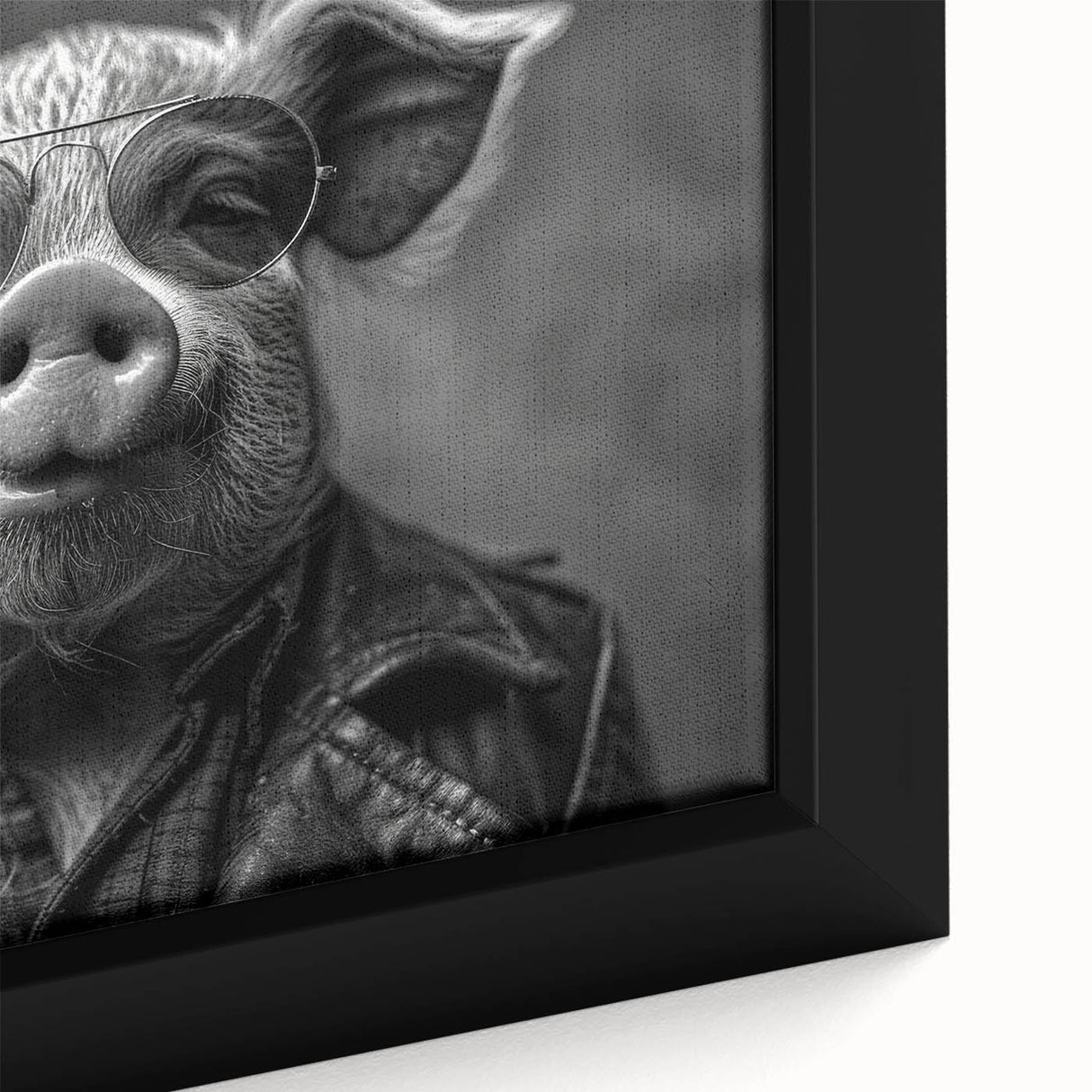 Close-up of a framed canvas wall art piece featuring a whimsical pig design, showcasing vibrant colors and intricate details, perfect for animal lovers and home decor enthusiasts.
