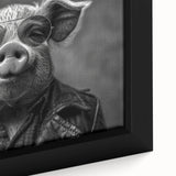 Close-up of a framed canvas wall art piece featuring a whimsical pig design, showcasing vibrant colors and intricate details, perfect for animal lovers and home decor enthusiasts.