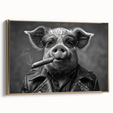 Framed canvas wall art featuring a whimsical pig design, accented with gold tones, showcasing a side view against a neutral background, perfect for animal-themed decor.