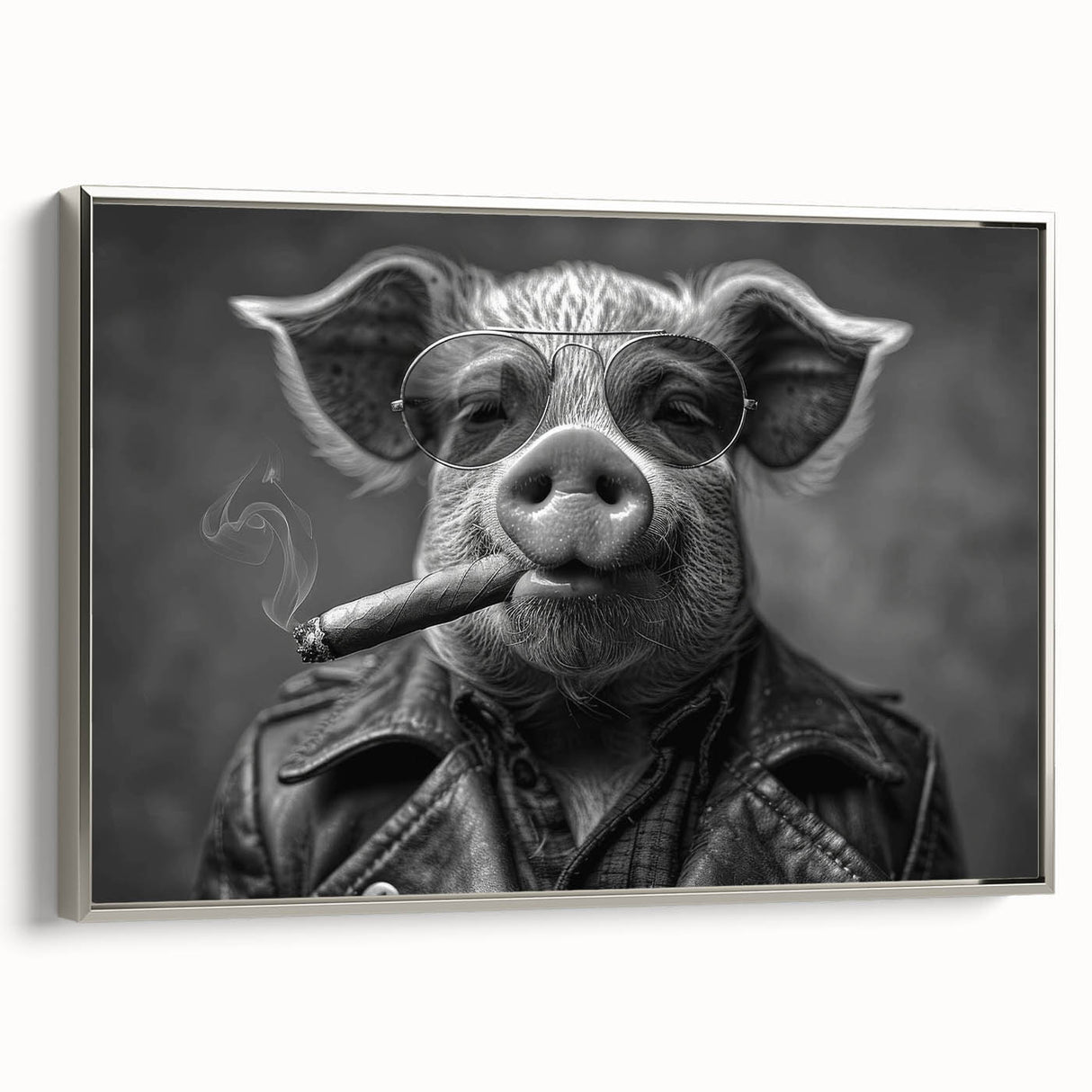 Framed wall art featuring a contemporary pig design in a silver frame, showcasing intricate detailing and vibrant colors, perfect for animal lovers and modern decor.