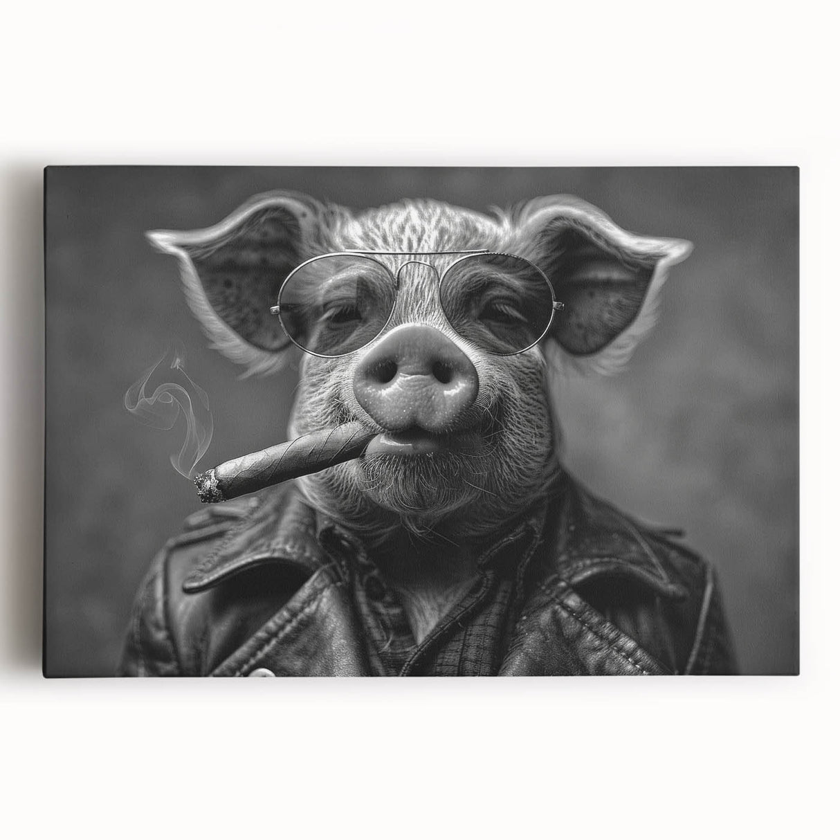 Vibrant wall art featuring a whimsical pig design on stretched canvas, showcasing intricate details and bold colors, ideal for animal lovers and home decor.