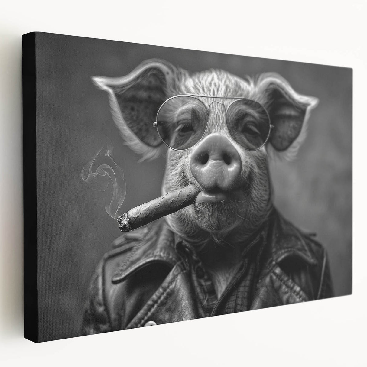 Stretched canvas wall art featuring a whimsical pig design with vibrant colors, showcasing a playful animal theme ideal for home decor in a modern setting.