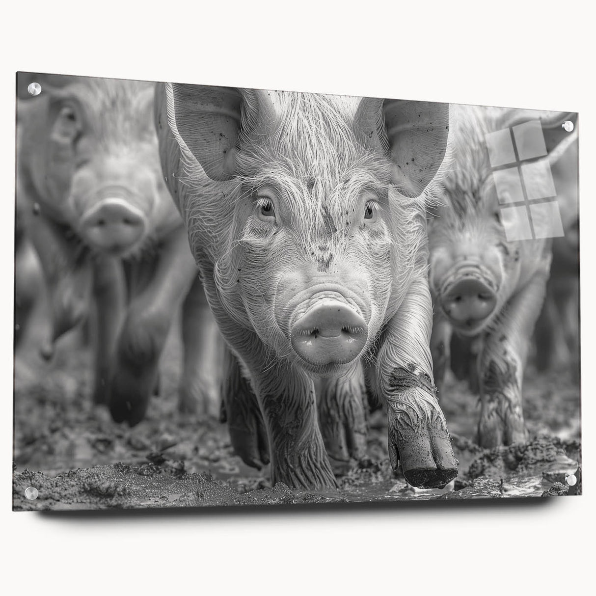 Acrylic wall art featuring a vibrant and colorful pig design from the Animals A Wild Life collection, displayed in a side view with decorative pins for mounting.