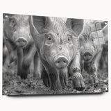 Acrylic wall art featuring a vibrant and colorful pig design from the Animals A Wild Life collection, displayed in a side view with decorative pins for mounting.
