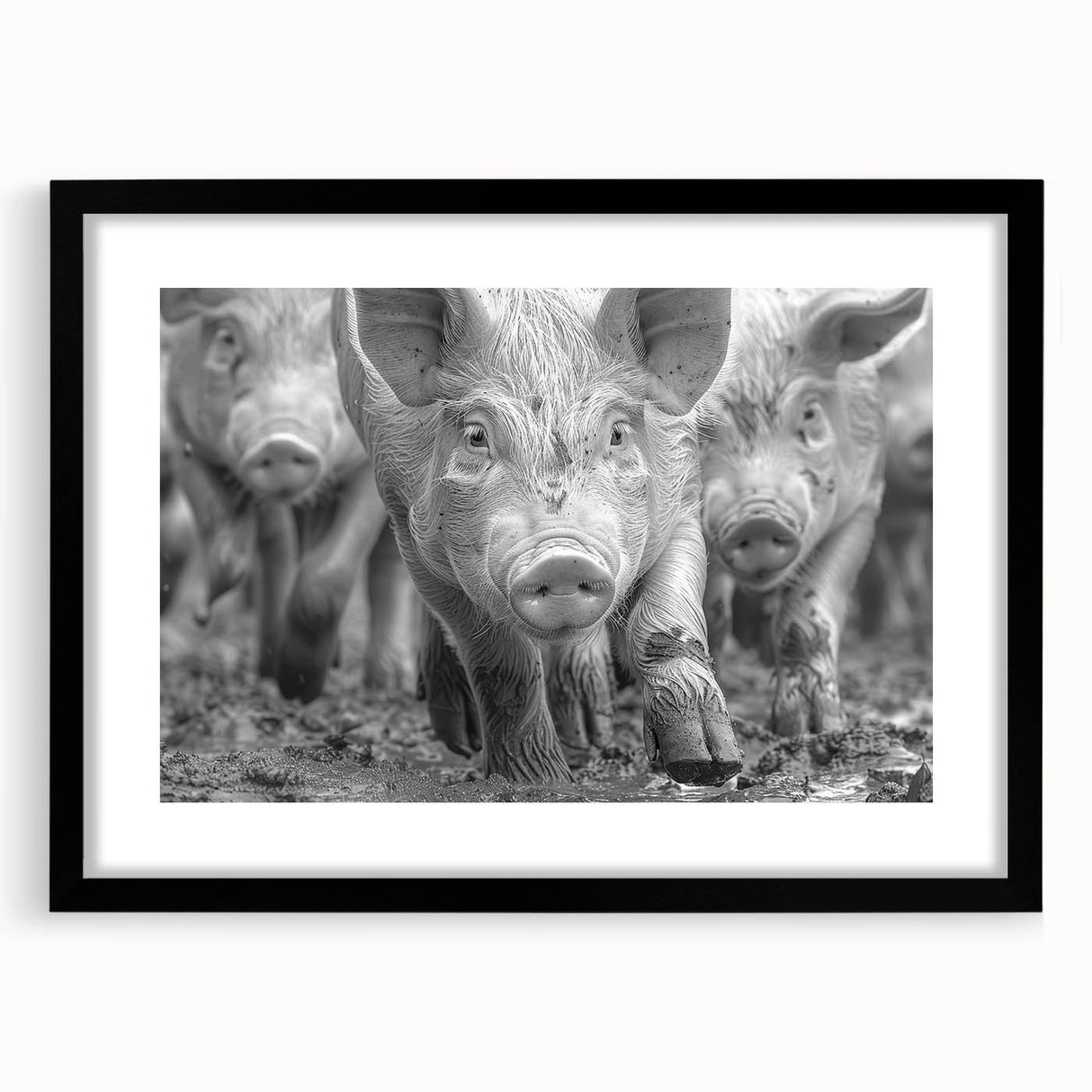 Wall art featuring a whimsical pig design with vibrant colors, framed in black with a mat for a polished look, perfect for animal lovers and home décor enthusiasts.