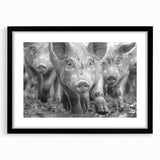 Wall art featuring a whimsical pig design with vibrant colors, framed in black with a mat for a polished look, perfect for animal lovers and home décor enthusiasts.