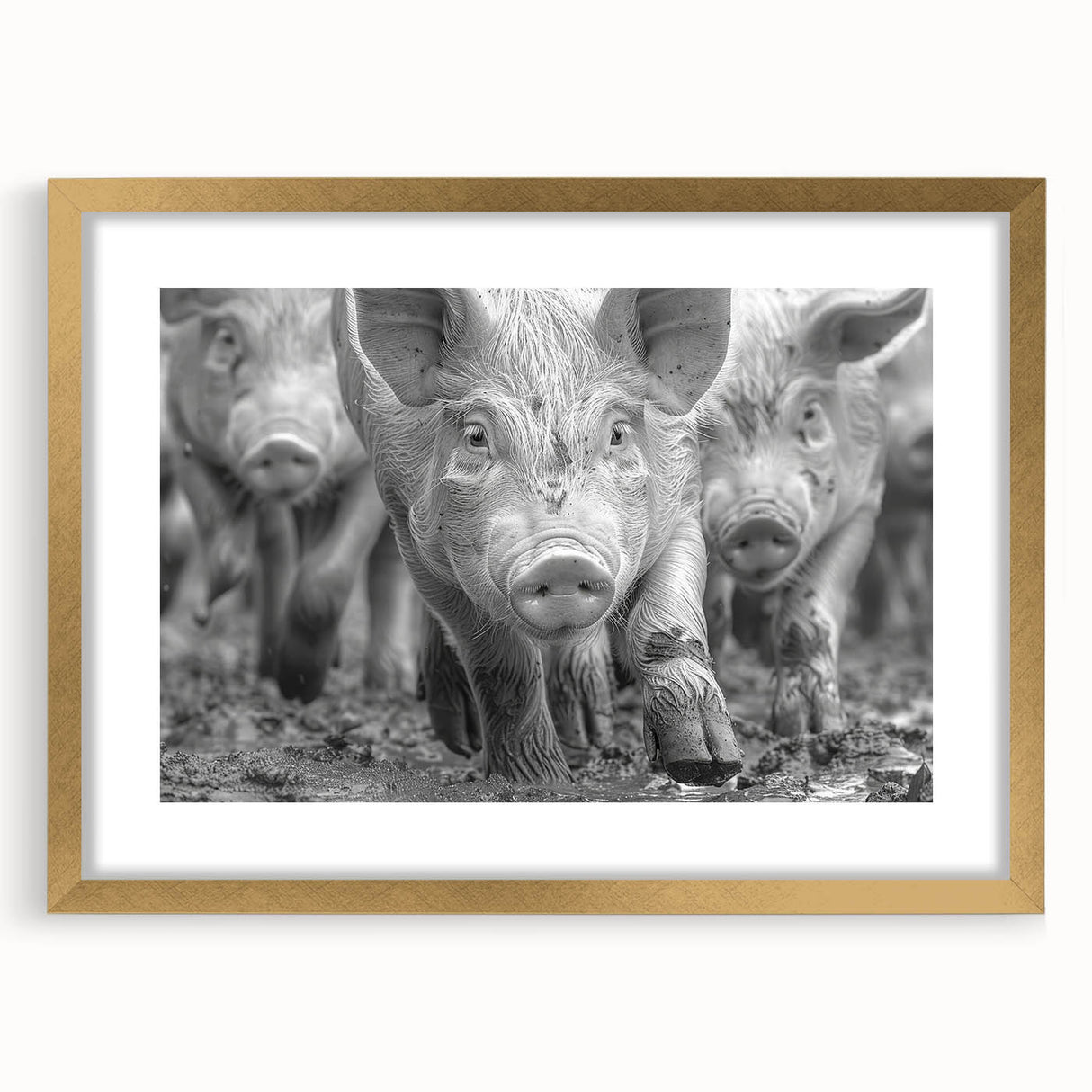 Framed wall art featuring a whimsical pig design from the 'Animals: A Wild Life' collection, showcasing vibrant colors and a gold mat for an elegant touch. Perfect for animal lovers and home decor enthusiasts.