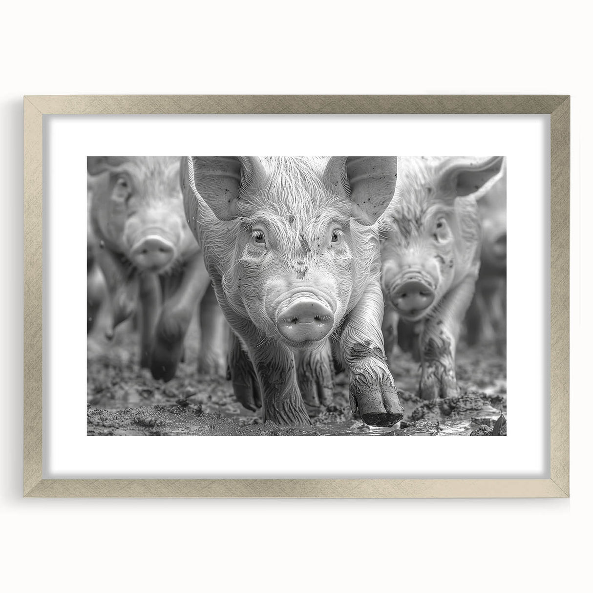Framed wall art featuring a whimsical pig design from the Animals A Wild Life collection, with a silver frame and mat, perfect for animal lovers' decor.