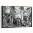 Framed canvas wall art featuring a whimsical pig design, showcasing vibrant colors against a black background, ideal for animal lovers and modern decor enthusiasts.