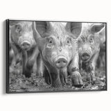 Framed canvas wall art featuring a whimsical pig design, showcasing vibrant colors against a black background, ideal for animal lovers and modern decor enthusiasts.