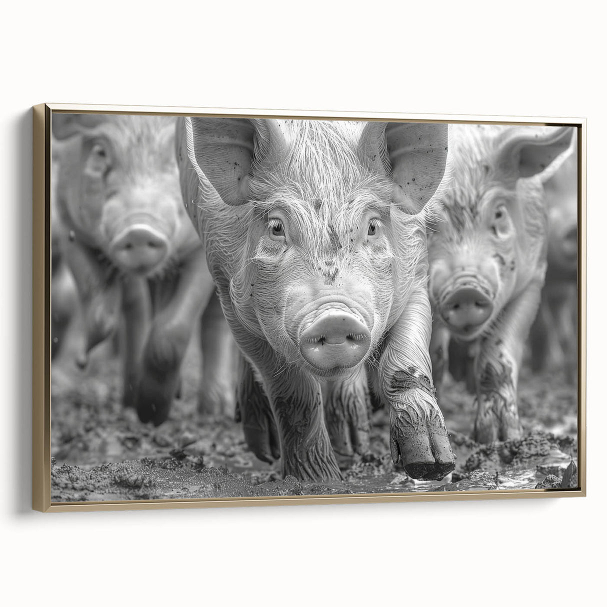 Framed canvas wall art showcasing a whimsical pig design in vibrant colors, adorned with gold accents, perfect for animal lovers and playful home decor.