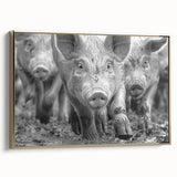 Framed canvas wall art showcasing a whimsical pig design in vibrant colors, adorned with gold accents, perfect for animal lovers and playful home decor.