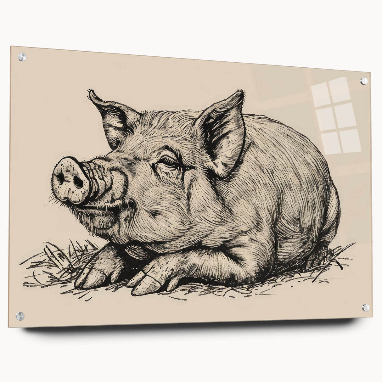 Side view of a modern acrylic wall art piece featuring a whimsical pig design, showcasing vibrant colors and detailed artwork, perfect for animal-themed decor.
