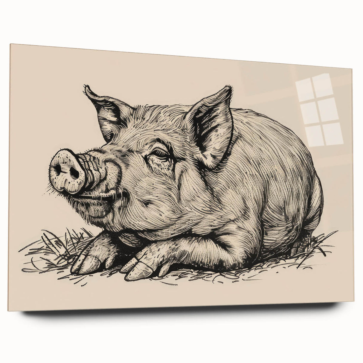 Side view of a modern acrylic glass wall art piece featuring a whimsical pig design, showcasing vibrant colors and intricate details, perfect for animal lovers' decor.