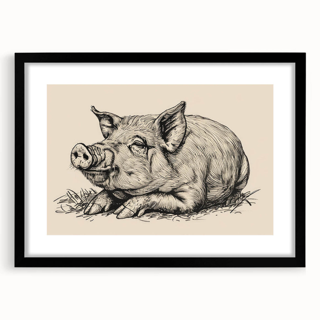 Framed wall art showcasing a vibrant pig design from the "Animals A Wild Life" collection, featuring a sleek black frame and matting, perfect for animal lovers and home decor enthusiasts.