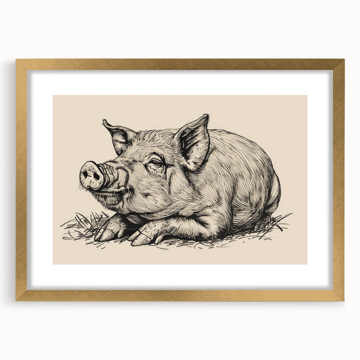 Gold-framed wall art featuring a whimsical pig design, set against a soft background, perfect for animal lovers or rustic decor enthusiasts. The collection adds a playful touch to any space, emphasizing creativity and charm.