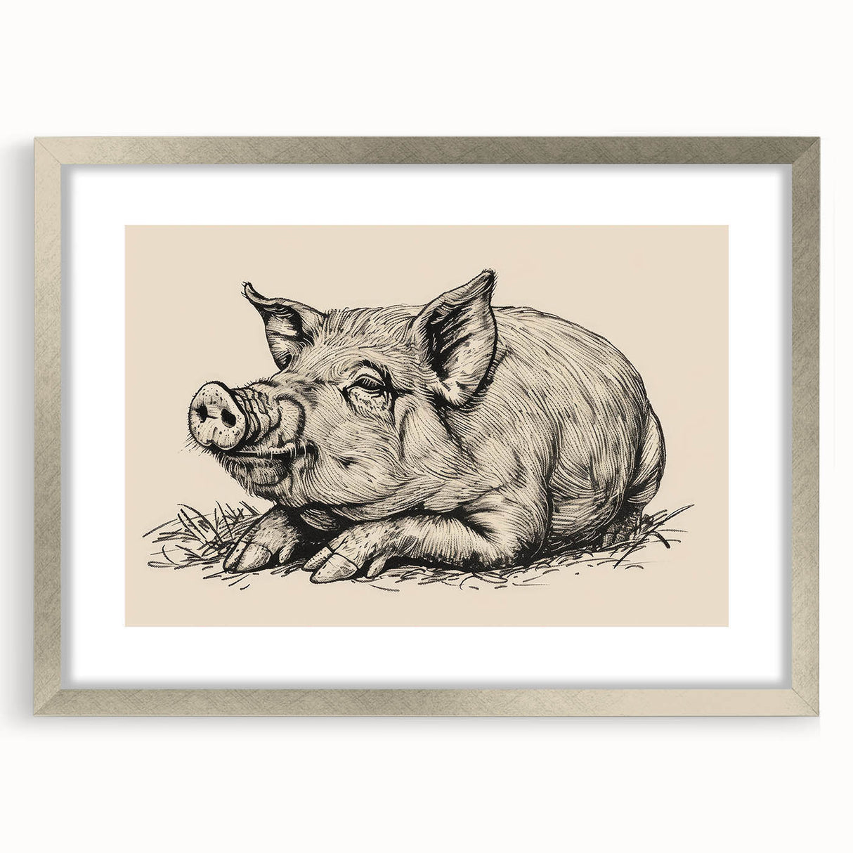 Framed wall art collection showcasing a whimsical pig design, featuring a silver frame and white matting, ideal for animal lovers and home decor enthusiasts.