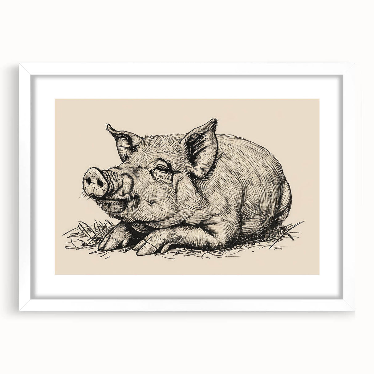 Framed wall art showcasing a whimsical pig design from the "A Wild Life" collection, featuring a white mat and sleek frame, ideal for animal-themed decor.