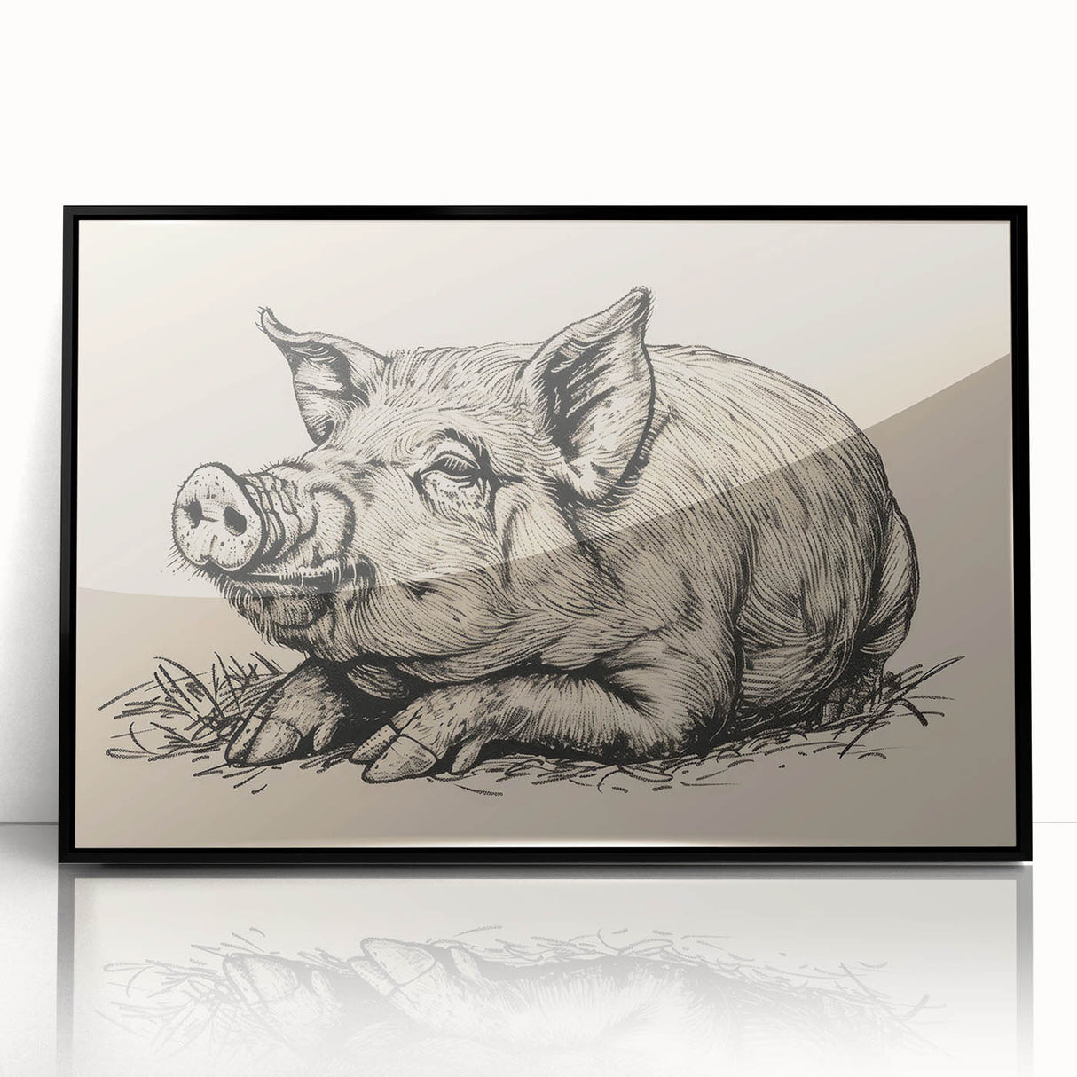 Framed wall art featuring a whimsical pig design in vibrant colors, set against a black background. Ideal for animal lovers and modern decor enthusiasts.