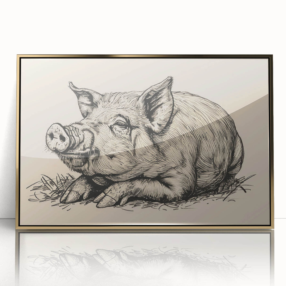 Framed wall art showcasing a vibrant pig design in a wild-life theme, featuring a gold acrylic finish that enhances its visual appeal, perfect for animal lovers.
