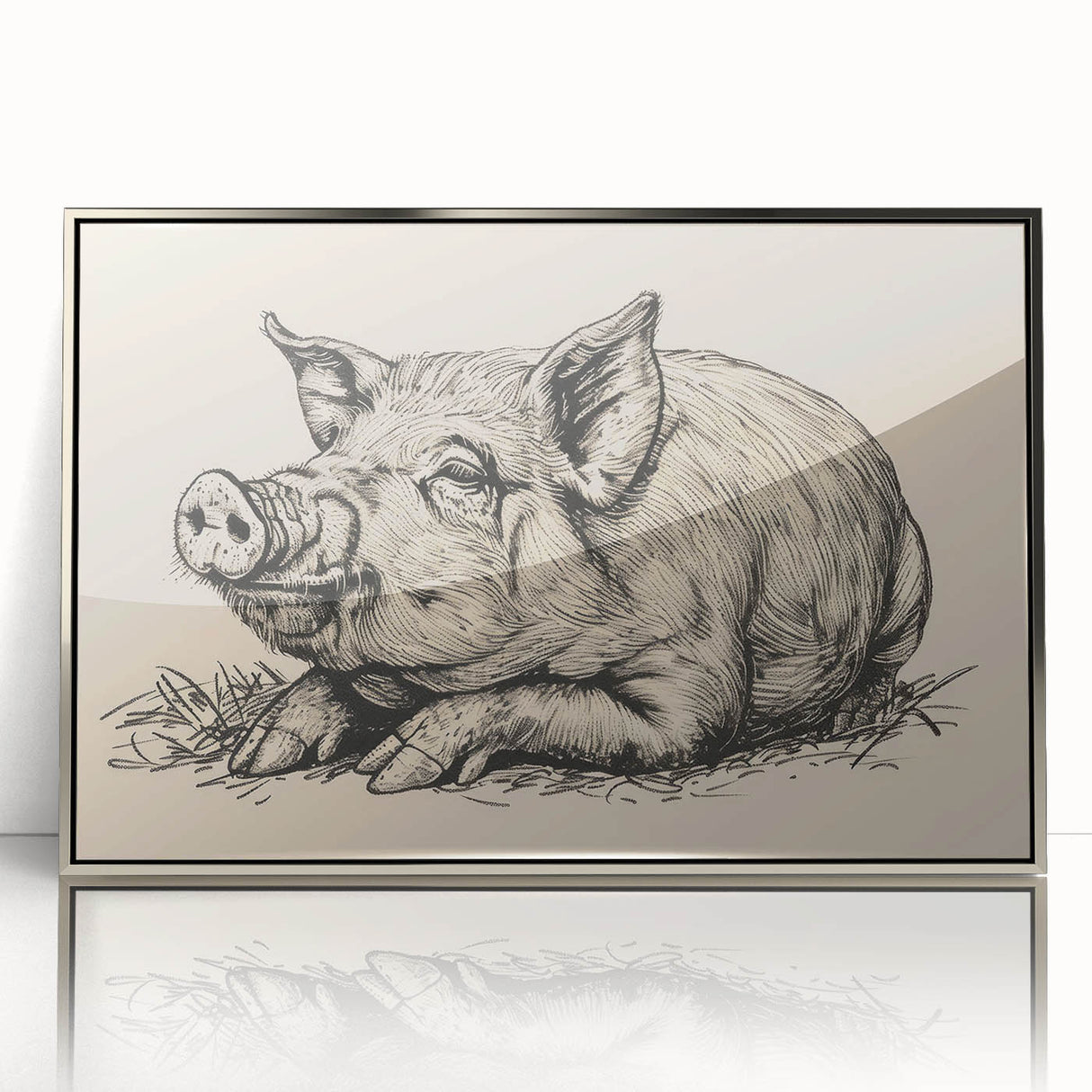 Framed acrylic wall art featuring a whimsical pig design from the "Animals A Wild Life" collection, set against a silver backdrop, perfect for playful home decor.