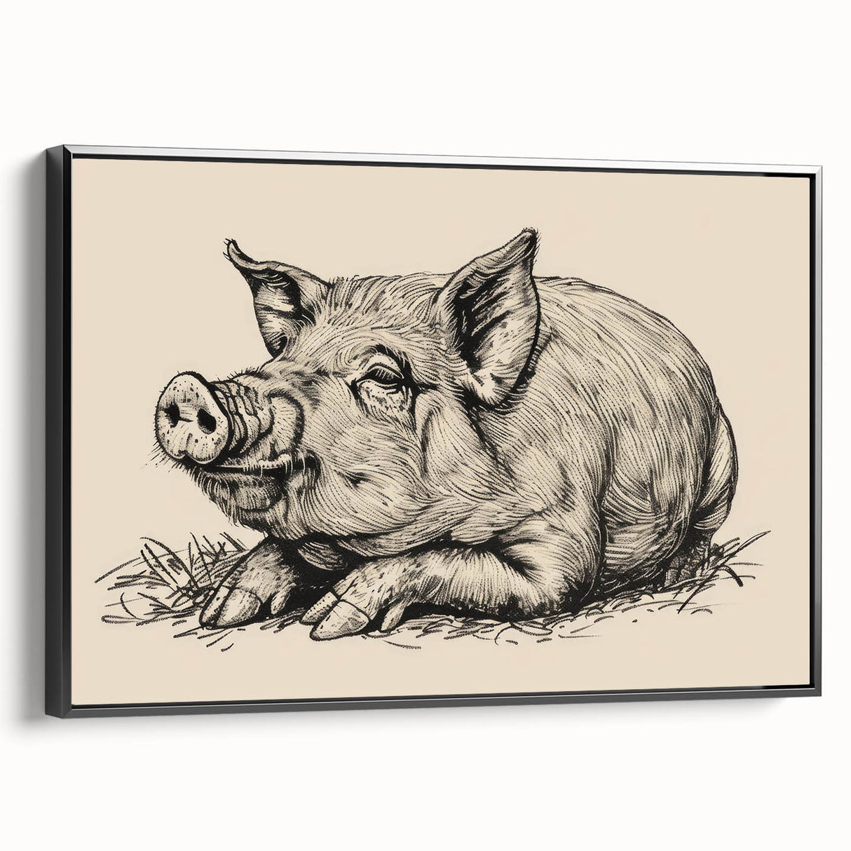Framed wall art featuring a whimsical pig design, showcasing vibrant colors against a black background, perfect for animal lovers and modern decor enthusiasts.