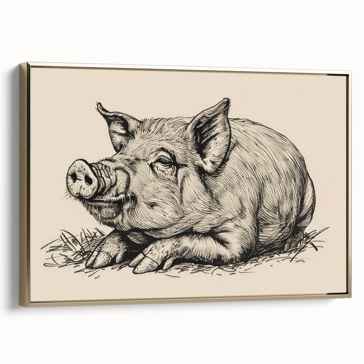 Framed wall art featuring a whimsical pig design in a vibrant color palette, elegantly displayed against a gold background, perfect for animal lovers and home decor enthusiasts.