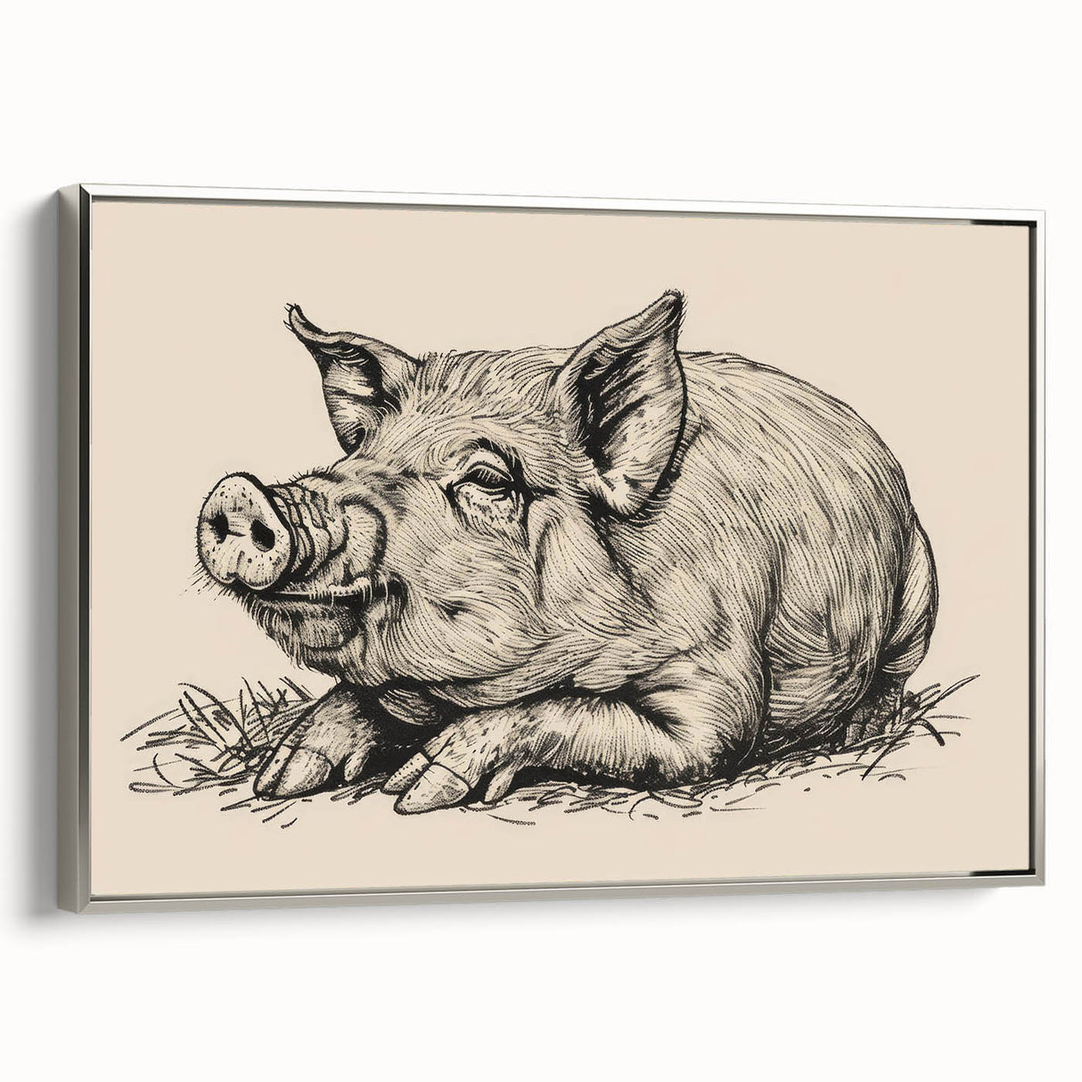 Framed canvas wall art showcasing a whimsical pig design in a silver frame, ideal for animal lovers, adding charm to any home decor setting.