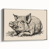 Framed canvas wall art showcasing a whimsical pig design in a silver frame, ideal for animal lovers, adding charm to any home decor setting.