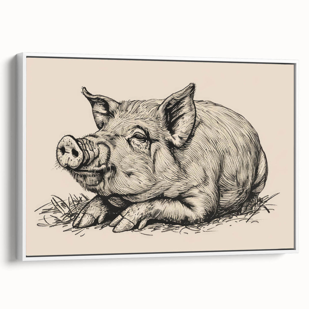 Framed canvas wall art featuring a whimsical pig design, showcasing vibrant colors and playful details, ideal for animal lovers and home decor enthusiasts.