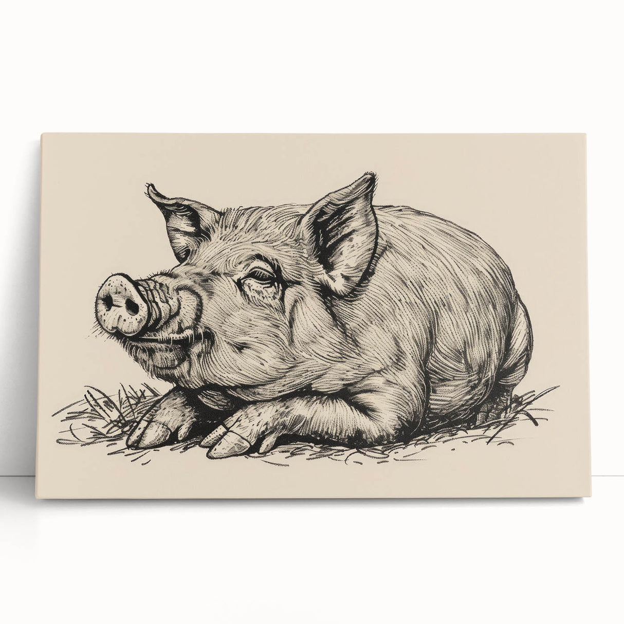 Stretched canvas wall art depicting a whimsical pig design in vibrant colors, perfect for animal lovers, leaning against a rustic wall for a playful decor accent.