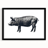 Black-framed wall art featuring a whimsical pig design from the "Animals A Wild Life" collection, displayed with a white mat for a stylish look, perfect for animal lovers.