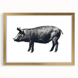 Gold-framed wall art showcasing a whimsical pig design from the "Animals A Wild Life" collection, featuring intricate details and a stylish mat, perfect for home decor.