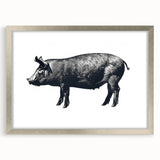 Framed wall art featuring a whimsical pig design from the 'Animals A Wild Life' collection, set in a sleek silver frame with a mat, perfect for home decor.