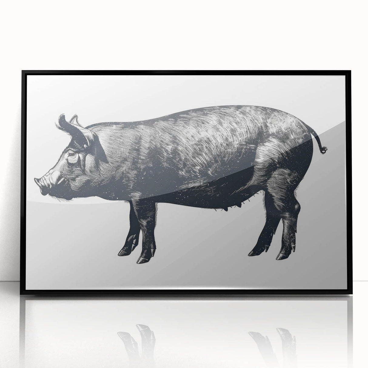 Framed wall art featuring a playful pig design in vibrant colors, presented in a sleek black frame, perfect for adding a whimsical touch to home decor.
