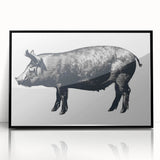 Framed wall art featuring a playful pig design in vibrant colors, presented in a sleek black frame, perfect for adding a whimsical touch to home decor.