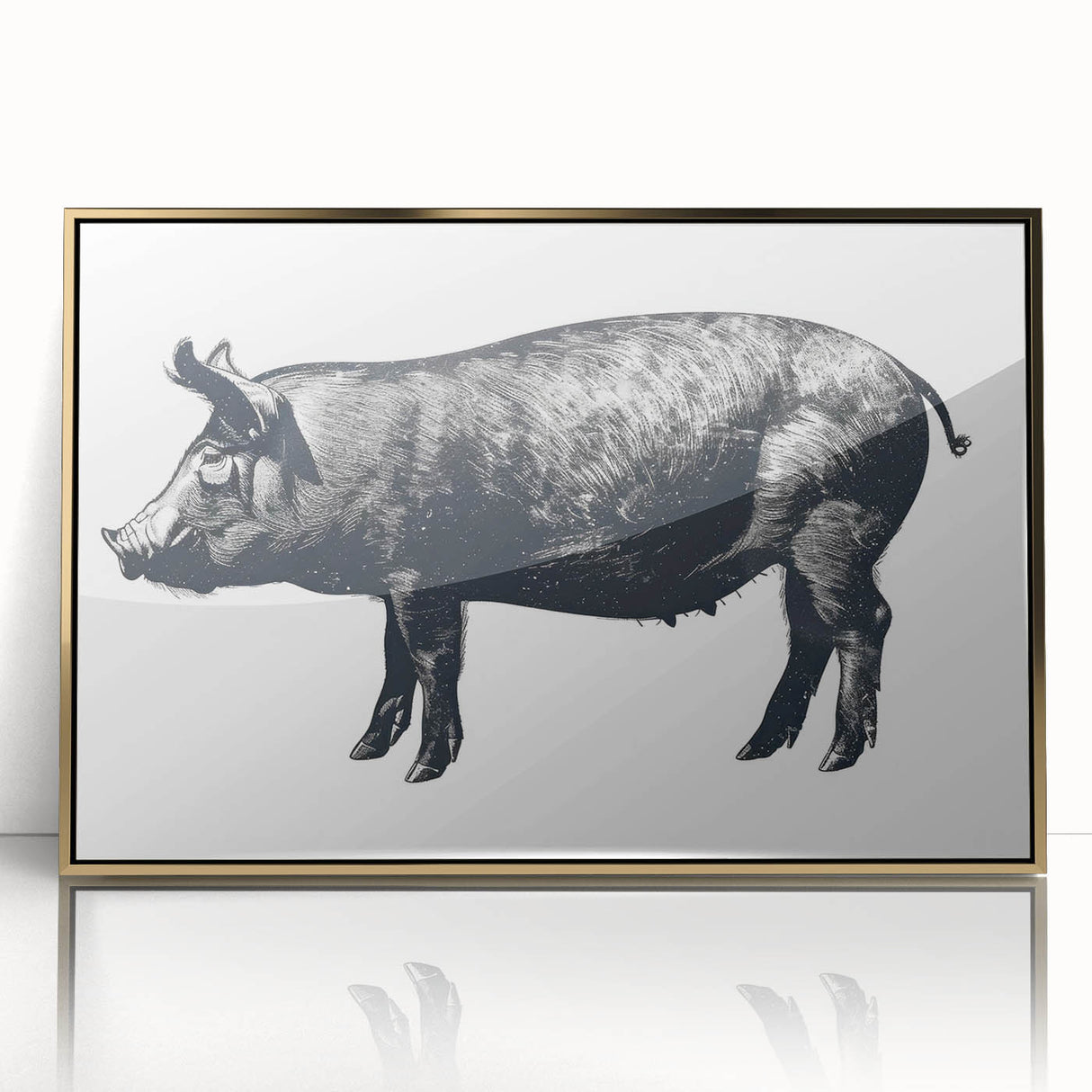Framed wall art featuring a whimsical pig design in vibrant colors, set against a sleek gold frame, perfect for animal lovers and modern decor enthusiasts.