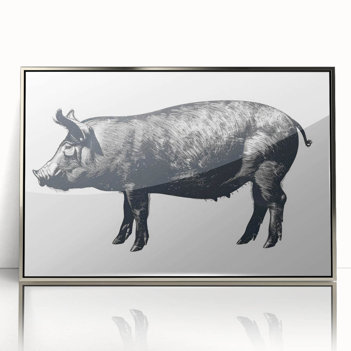 Framed acrylic wall art featuring a vibrant, stylized pig design from the "Animals: A Wild Life" collection, set against a sleek silver background, perfect for animal lovers and modern decor.