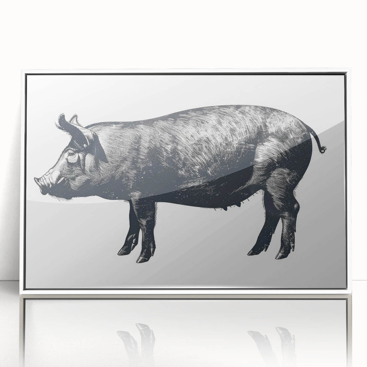 Framed wall art featuring a whimsical pig design from the "Animals A Wild Life" collection, showcasing vibrant colors and a white frame, perfect for animal lovers.