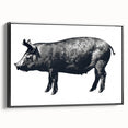 Framed canvas wall art featuring a whimsical pig design with vibrant colors and a black frame, showcasing playful animal-themed decor ideal for home or office.
