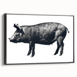 Framed canvas wall art featuring a whimsical pig design with vibrant colors and a black frame, showcasing playful animal-themed decor ideal for home or office.
