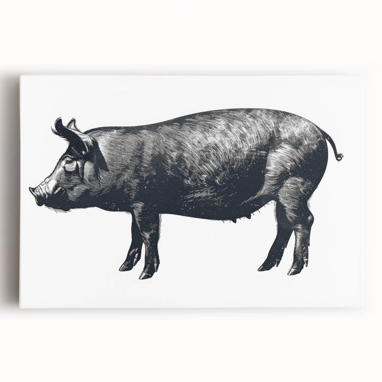 Stretched canvas wall art featuring a whimsical pig design, showcasing vibrant colors against a rustic background, perfect for home decor or animal lovers.