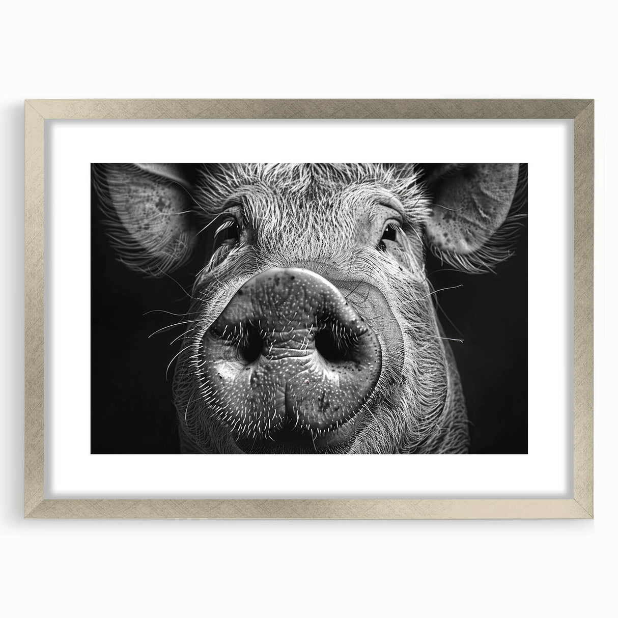 Framed wall art featuring a charming pig design in a silver frame with a mat, perfect for animal lovers and rustic home decor, showcasing vibrant colors and playful details.