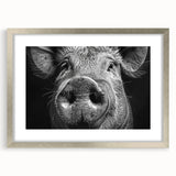 Framed wall art featuring a charming pig design in a silver frame with a mat, perfect for animal lovers and rustic home decor, showcasing vibrant colors and playful details.