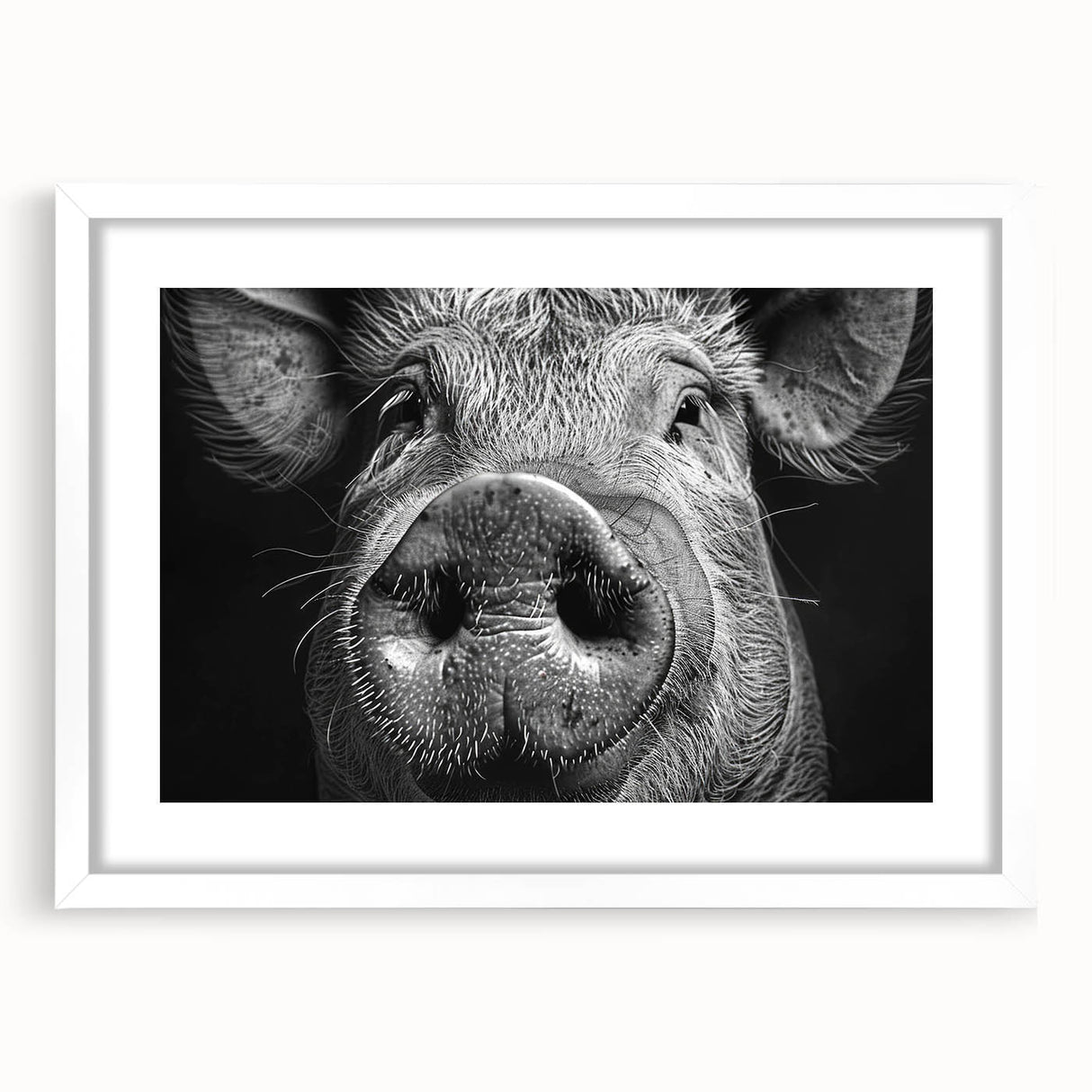 Framed wall art showcasing a whimsical pig design in a white mat, perfect for animal lovers. Ideal for home decor, adding a playful touch to living spaces or nurseries.