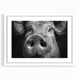 Framed wall art showcasing a whimsical pig design in a white mat, perfect for animal lovers. Ideal for home decor, adding a playful touch to living spaces or nurseries.